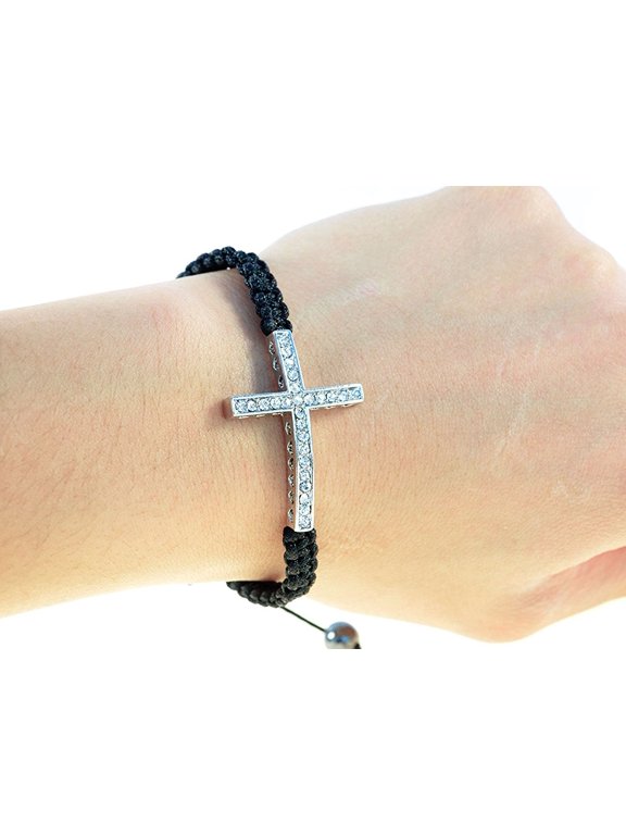 Handmade Sideways Cross Black String woven braided Macrame Bracelet - 91174