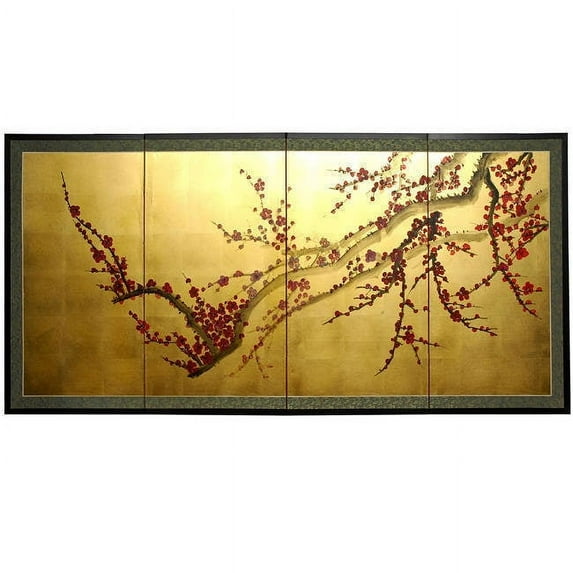 Oriental Furniture Plum Tree on Gold Leaf Silk Screen, 36"H, Traditional, wall Art