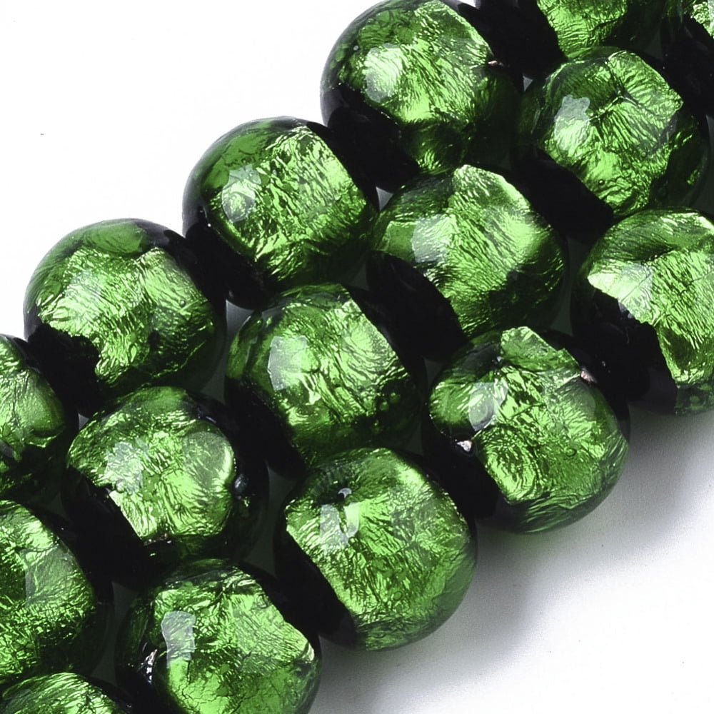 Handmade Silver Foil Lampwork Beads Strands Round Green 11.5~12.5x11~12mm Hole: 1mm about 40pcs/Strand 17.72 inch