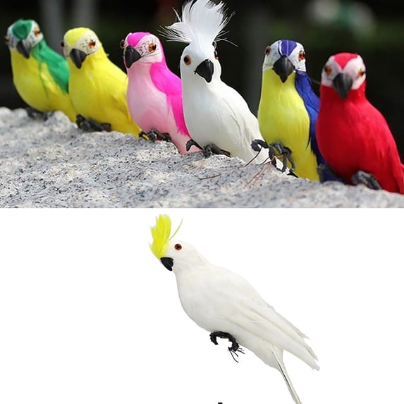 Handmade Simulation Parrot, Feather Parrot Lawn Figurine Ornament, Garden Yard Green Plant Branches Decorations, 13.77 inch x 2.76 inch, White-Yellow