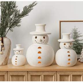 Handmade Snowman,Terracotta Snowman Decor, Christmas Handmade Figurines Decorations, White Clay Winter Decor for Holiday Table Ornaments, Rustic Unique Style for Home Indoor & Outdoor
