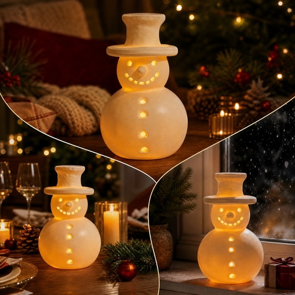 Handmade Snowman,Terracotta Snowman Decor, Christmas Handmade Figurines Decorations, White Clay Winter Decor for Holiday Table Ornaments, Rustic Unique Style for Home Indoor & Outdoor