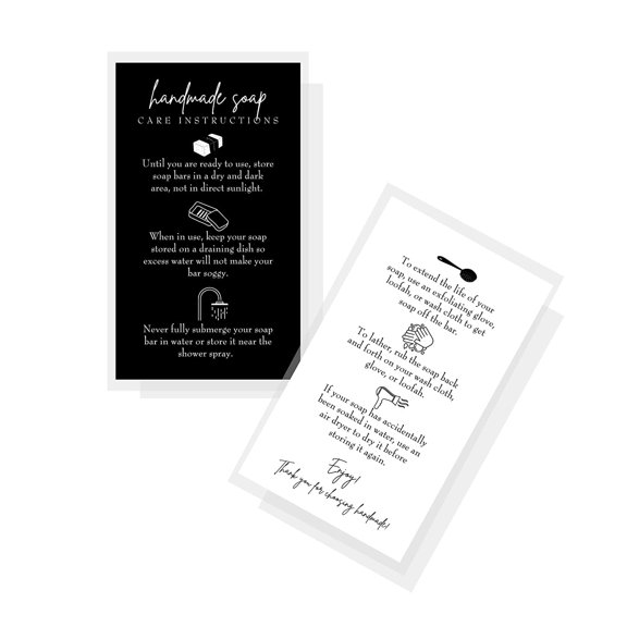 Handmade Soap Bar Card Instructions for Soap Maker Clients 50 Pack 2x3.5 inches Business Card Handmade Soap Supplies Black and White Design