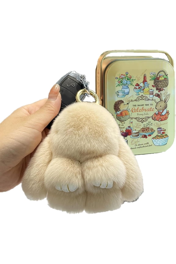Handmade Soft Bunny Pompom Charms, Fluffy Bunny Keychain, Cute Bunny Keychain with Exquisite Box (Beige)