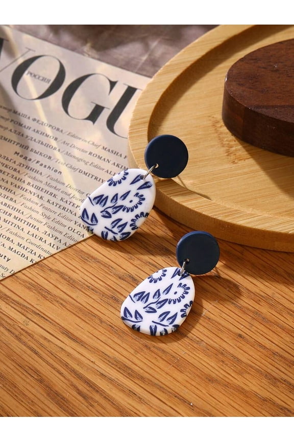 Handmade Soft Clay Blue Floral Geometric Dangle Earrings Pair