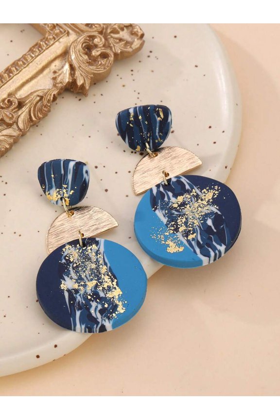 Handmade Soft Clay Geometric Drop Earrings with Abstract Pattern in Blue, 1 Pair