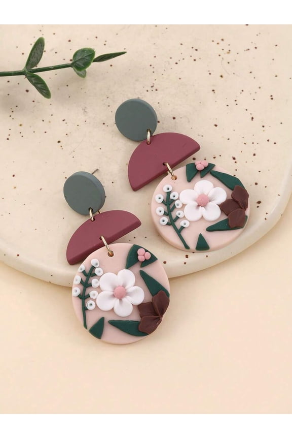 Handmade Soft Clay Multicolor 3D Floral Dangle Earrings For Women