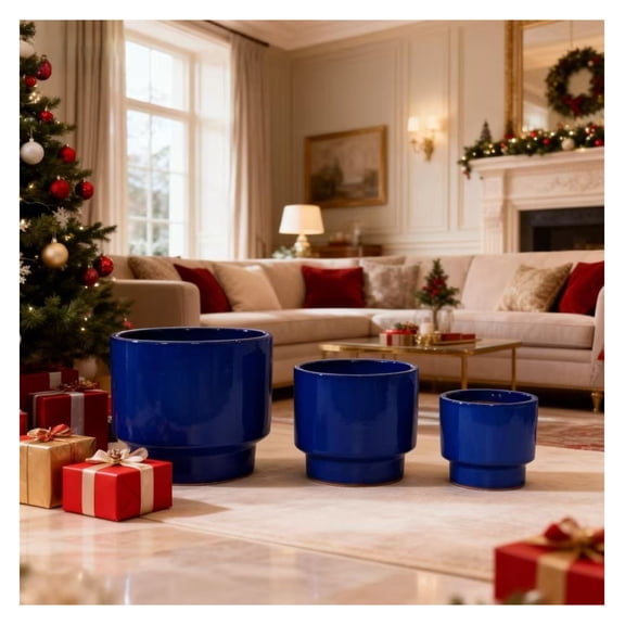 Handmade Solid Blue Glazed Ceramic Planter Set of 5, 15/13/12/9/8 Inch Diameter, for Succulents & Flowers Outdoor Garden & Indoor Staircase Use, Breathable Porous Clay