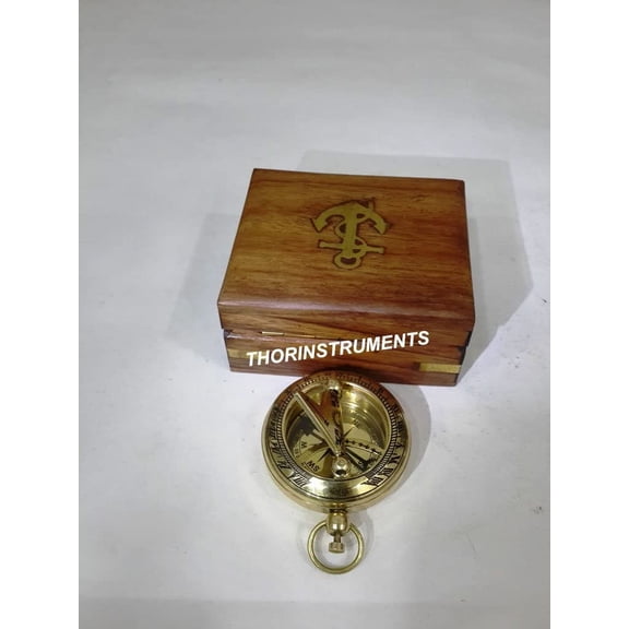 Handmade Solid Brass Antique Working Push Button Compass W/ Wooden Box