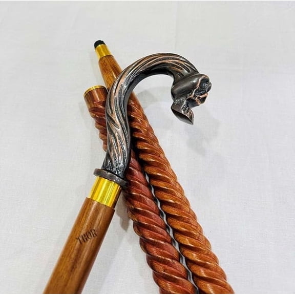 Handmade Solid Brass Head Handle Vintage Style Antique Wooden Walking Stick Cane Gift (Skull walking handle stick)