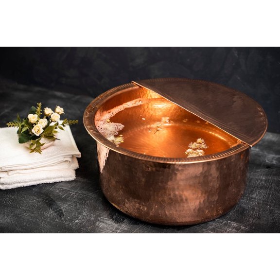 20'' Handmade 100% Solid Pure Copper Pedicure Bowl with Removable Footrest | Luxurious Foot Detox Soaking Bath for Spa & Home