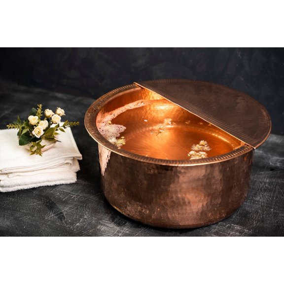 16'' Handmade 100% Solid Dark Copper Pedicure Bowl with Removable Footrest | Luxurious Foot Detox Soaking Bath for Spa & Home | Hammered Ayurvedic Soak Tub with
