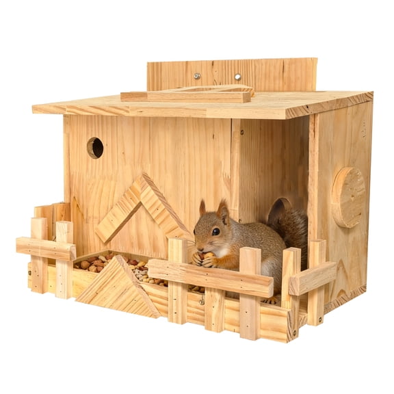 Handmade Solid Wood Squirrel House with Porch - Outdoor Nesting Box & Wildlife Shelter for Squirrels & Chipmunks | Includes Mounting Kit for Tree, Fence, or Pole