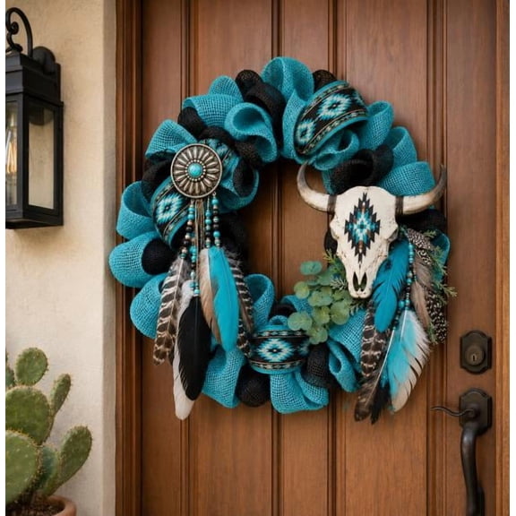 Handmade Southwestern Spirit Wreath,Western Rustic Desert Home Decor with Turquoise Feathers and Steer Skull,Boho Southwest Style Wall Hanging for Front Door Porch Patio(#01)