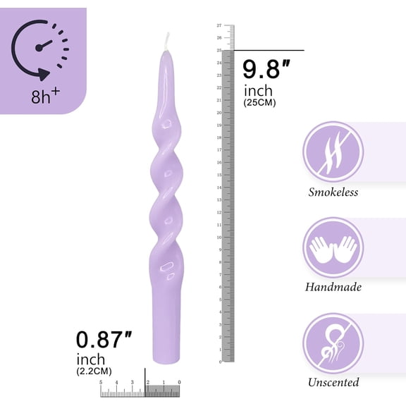 Handmade Spiral Taper Candles - Unscented Long Candles Colored Wax Twisted Candle - 10 Inch Candle Sticks for Wedding Dinner Party Decoration - Set of 4(Lilac Purple)