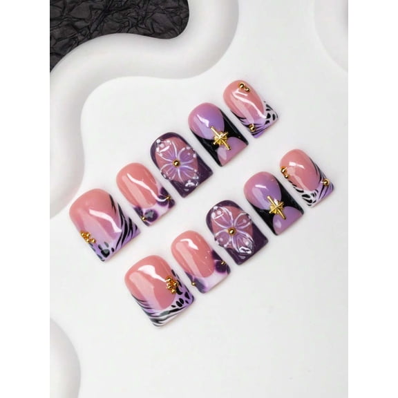 Handmade Square Press-On Nails Set Multicolor With Floral Leopard Zebra &