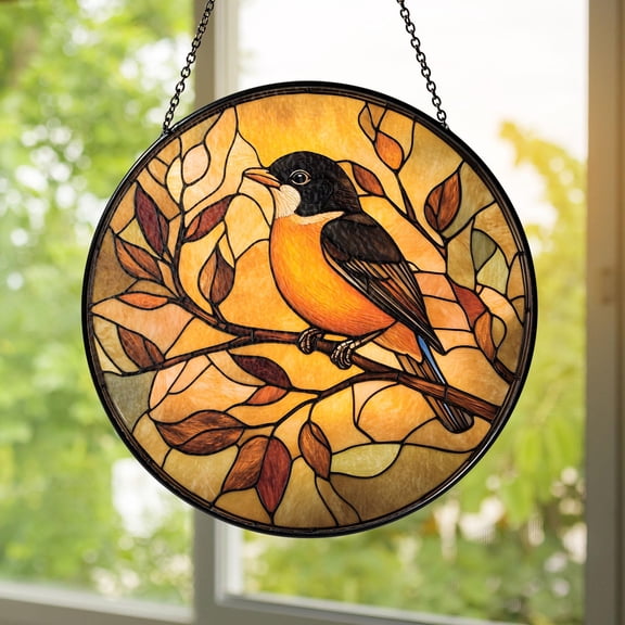Handmade Stained Glass Bird Robin Autumn Leaves Suncatcher Window Hanging Home Decor Nature Lover Gift