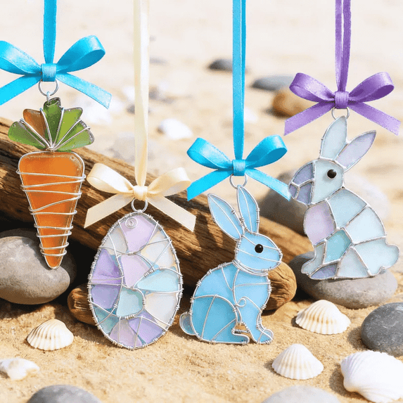 Handmade Stained Glass Easter Suncatcher, Bunny Carrot Egg Window Hanging Ornament, Acrylic Spring Decor, Festive Easter Gift for Home Window Decor, C