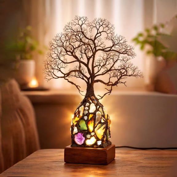 Handmade Stained Glass Night Light Boho Crystal Tree of Life Table Lamp Vintage Wire Bonsai Tree Lighting Warm Ambient Desk Lamp for Bedroom Study Wedding Mediterranean Home Decor