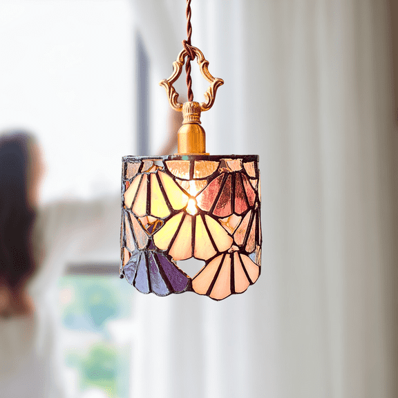 Savingget Handmade Stained Glass Pendant Light Small Pink Purple Color Brass Ceiling Lamp