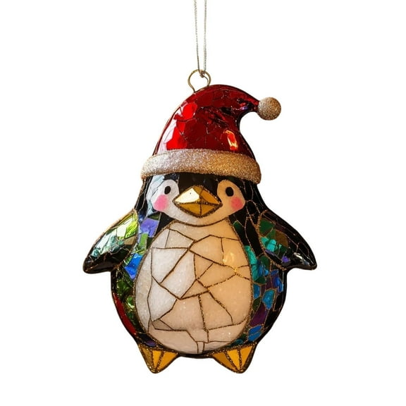 Handmade Stained Glass Penguin Christmas Ornament - Mosaic Design with Santa Hat & Double-Sided Sea Animal Acrylic Decor,Festive Holiday Tree Hanging Decoration,Unique Gift Idea