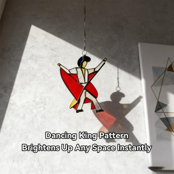 Handmade Stained Glass Spinner Featuring Elvis and Dancing King Design, Kinetic Acrylic Wind Spinner Hanging Decor for Porch Window Garden A-2PC