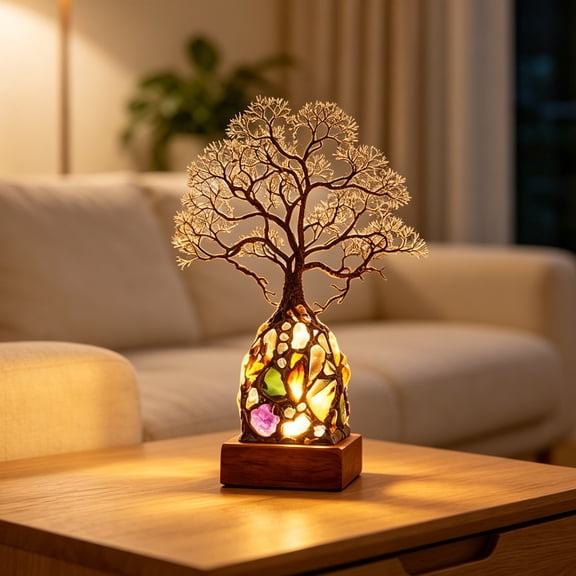Handmade Stained Glass Table Lamp Novelty Tree Shaped Desk Light with Wooden Base Mediterranean Decorative Bedside Warm Ambient LED Night Light for Bedroom Study Office
