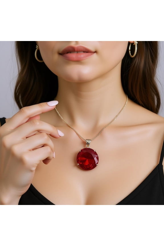 Handmade Sterling Silver Red Ruby Pendant Necklace: 90-100 Carat Burmese Gemstone