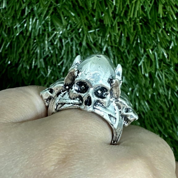 Handmade Sterling Silver Skull Ring: Gothic Wolf & Leaf Design