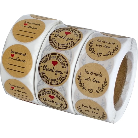 Handmade Stickers Set - Kraft Thank You & Love Labels for Baking, Gift Packaging, Small Business - Self-Adhesive Eco-Friendly Stickers with Unique Designs