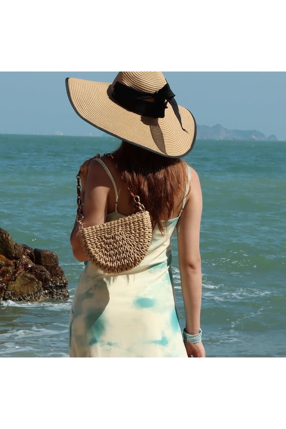 Handmade Straw Crossbody Bag for Women Semicircle Woven Handbag Summer Beach Shoulder Bag