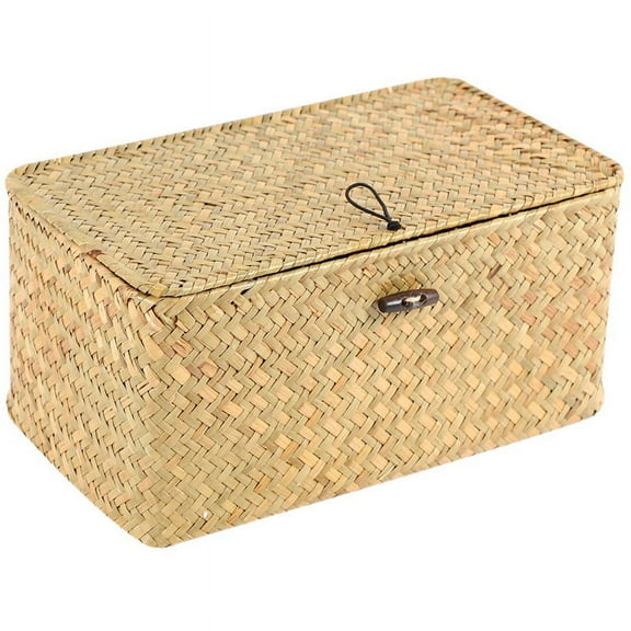 Handmade Straw Woven Storage Basket with Lid Makeup Organizer Storage Box Seagrass Laundry Baskets Rattan Jewelry Box(S)