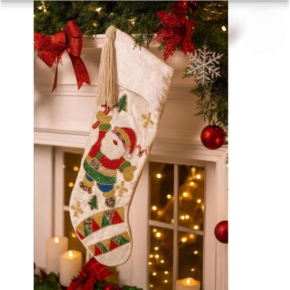 Handmade Studio Handmade Beaded Santa Christmas Stocking 21" Velvet Decor
