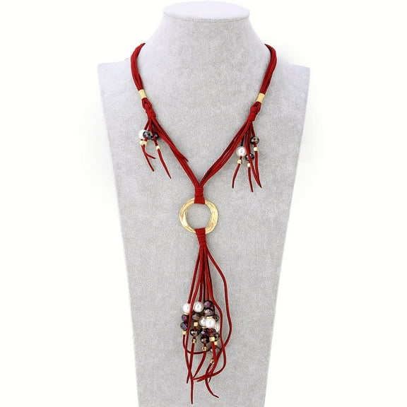 Handmade Suede Fringe Golden Ring Boho Y Necklace For Women by Isabella Jewelry