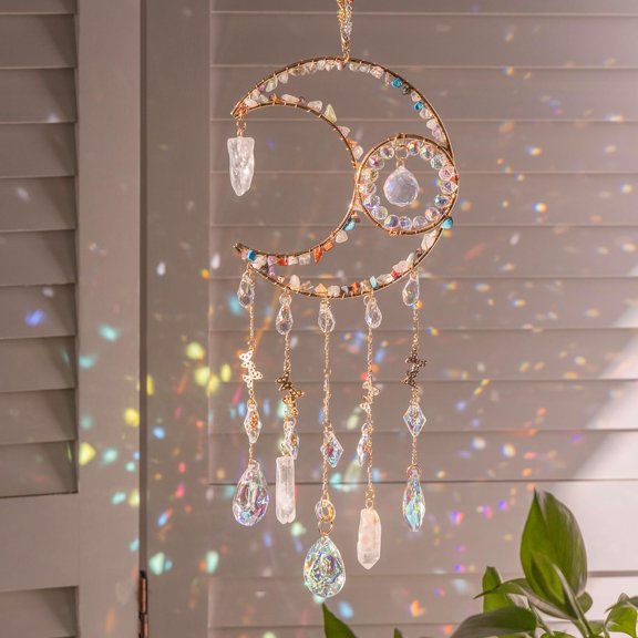 Handmade Sun Catcher Rainbow Maker with Moon Shape Natural Color Stones and Various Crystal Shapes Unique Decoration for Home or as a Gift Stunning Light Refraction Colorful Display