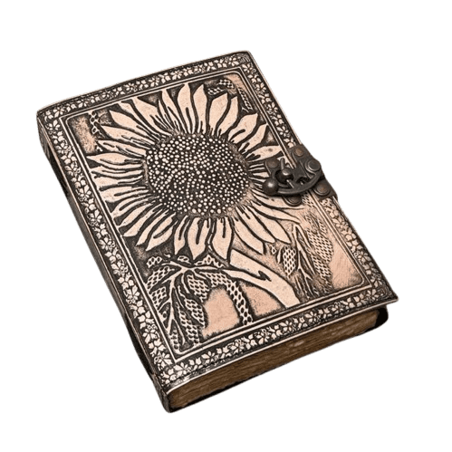 Handmade Sunflower Leather Journal – 5x7 Inch – 200 Pages – Vintage Lock – Handmade Paper