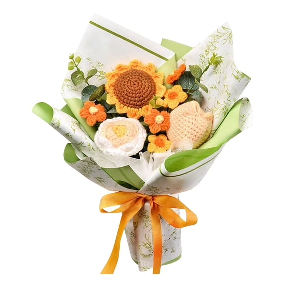 Handmade Sunflower Rose Bouquet Yarn Material Knitted Decorative Flower Arrangement for Home Wedding Birthday Party Festival Decor