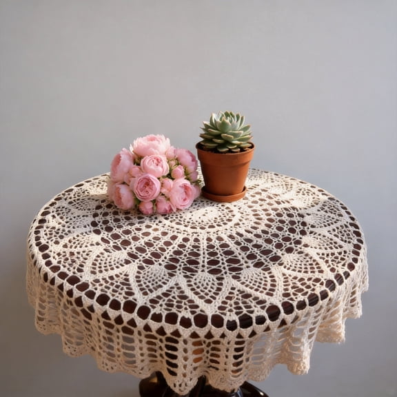 Handmade Sunflower Round Cotton Crochet Tablecloth 33 Inch Beige Lace Floral Vintage Table Overlay Topper for Wedding Party Home Decor 1-Piece