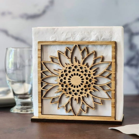 Handmade Sunflower Wood Napkin Holder for Farmhouse Rustic Decor - Laser Cut Farmhouse Table Kitchen Dispenser - Great Gift for Mother's Day or Leo Zodiac Birthday