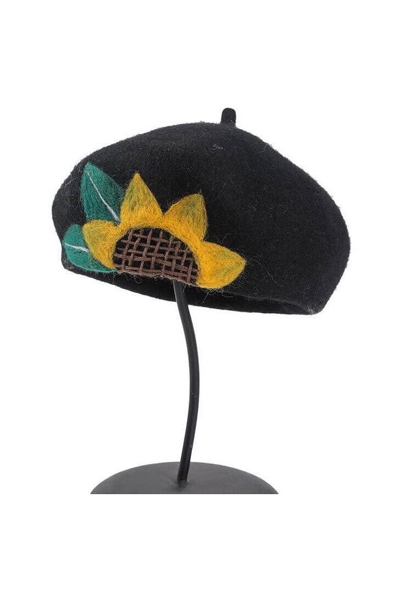 Handmade Sunflower Wool Felt Hat Artistic Painter Beret for Women