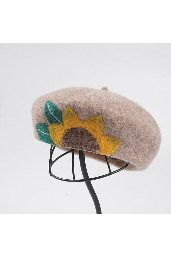 Handmade Sunflower Wool Felt Hat Artistic Painter Beret for Women