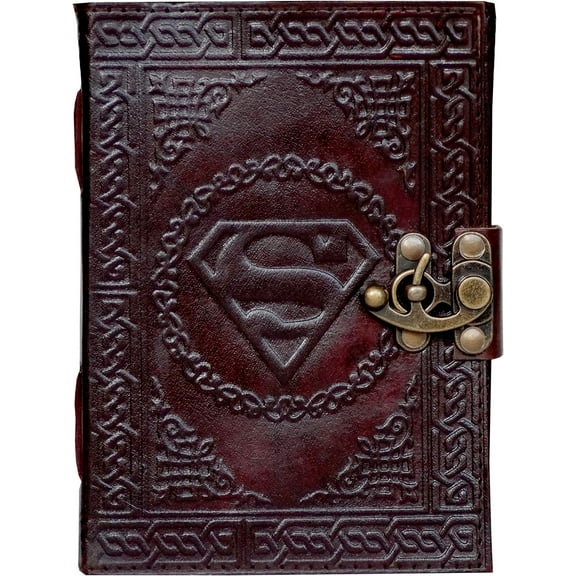 Handmade Superman Sign Embossed Leather Journal Notebook Unlined Paper, Brown Diary Notepad Gift 7 x 5 Inches (Brown)