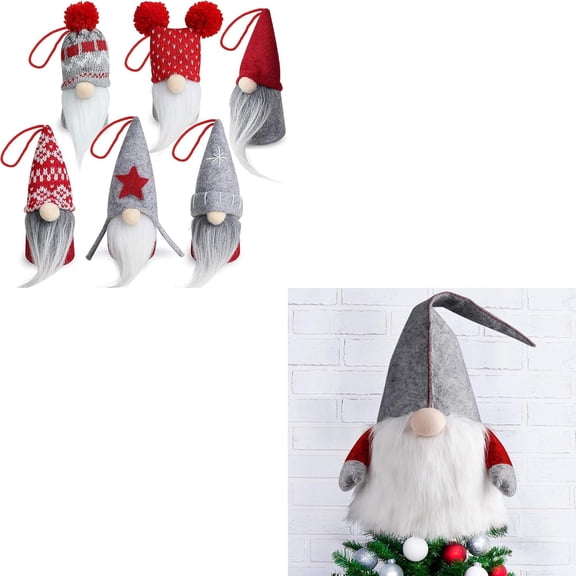 Handmade Swedish Tomte Gnome Christmas Ornaments Set of 6 & Gray Hat Gnome Christmas Tree Topper