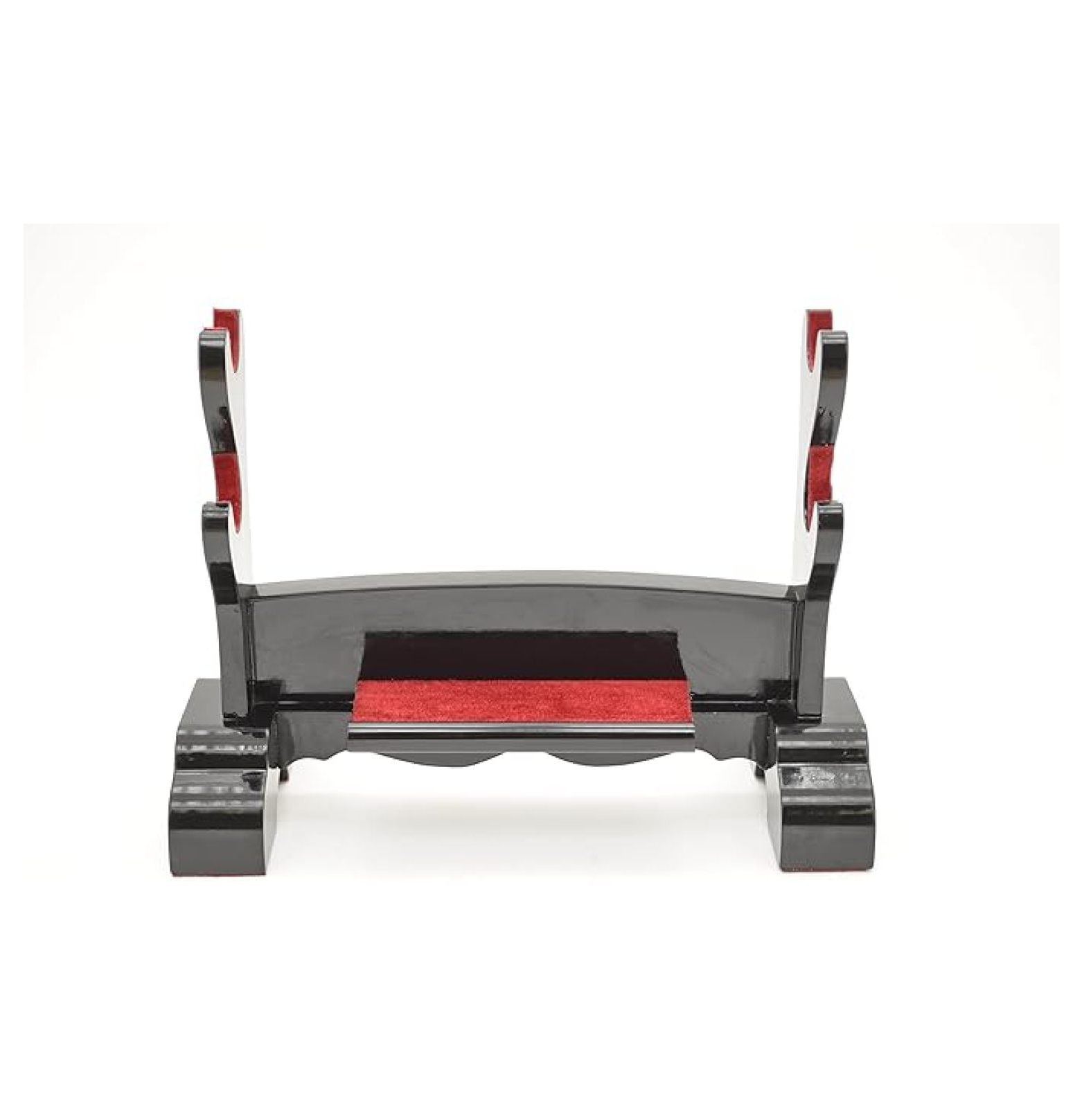 Handmade Sword - Black Piano Lacquered Wood, 2 Tier Deluxe Table Stand for Katana and Wakizashi Sword, Red Felt on The Arch and Front, Sword Table Display Holder
