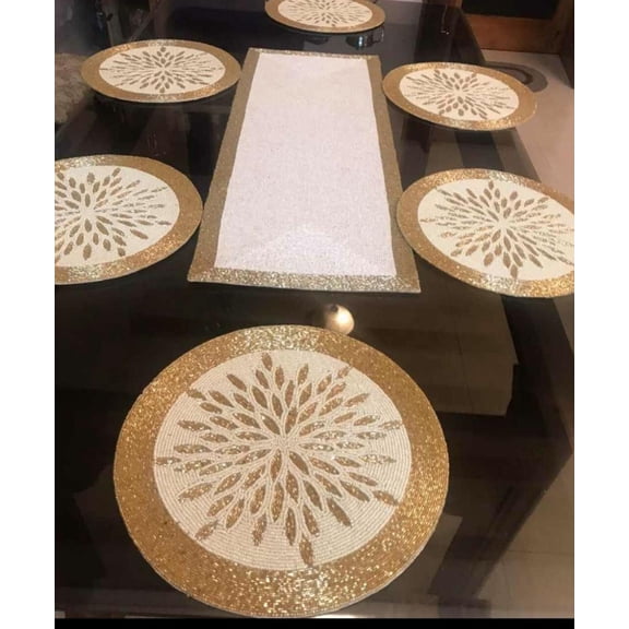 Handmade Table Runner And Placemats Set, Beaded Table Runner With Matching Table Mats, Luxury Spring Tableware
