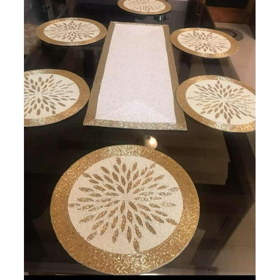 Handmade Table Runner And Placemats Set, Beaded Table Runner With Matching Table Mats, Luxury Spring Tableware