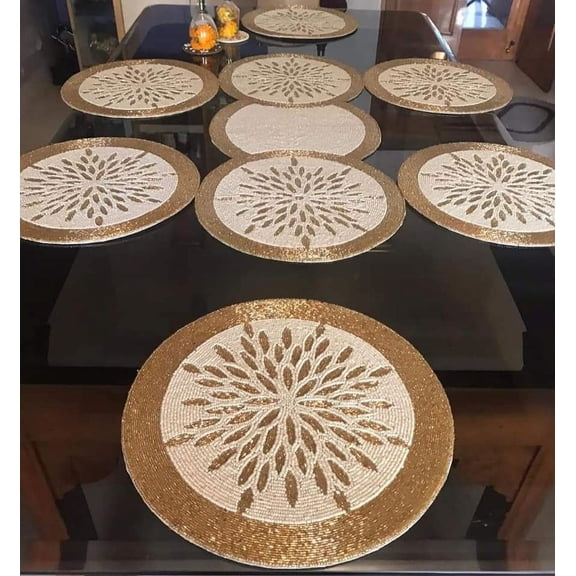 Handmade Table Runner And Placemats Sets With Coaster, White And Gold Beads 13 Pieces Dining Set, Designer Tableware
