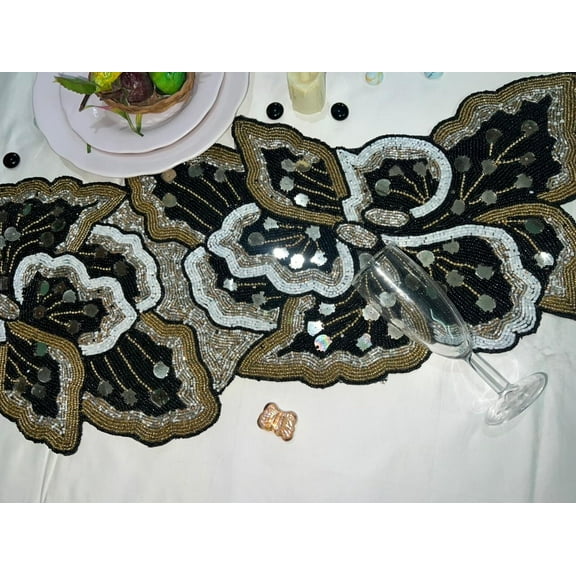 Handmade Table Runner, Beaded Table Runner, Black and Gold Table Runner, Designer Table Runner 13X36 Inches