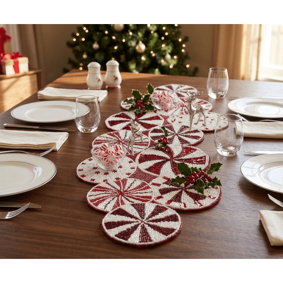 Handmade Table Runner, Christmas Candy Table Runner, Beaded Table Runner, Red And White Table Topper 13X36 Inches