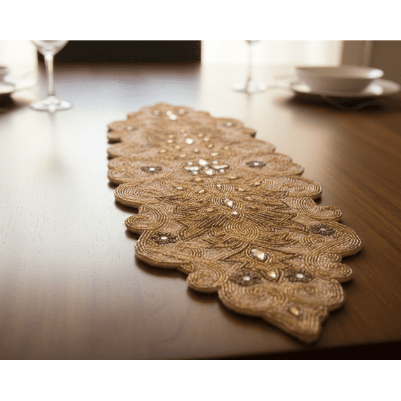 Handmade Table Runner, Gold And Beige Beaded Table Runner, Designer Spring Table Topper 13X36 Inches